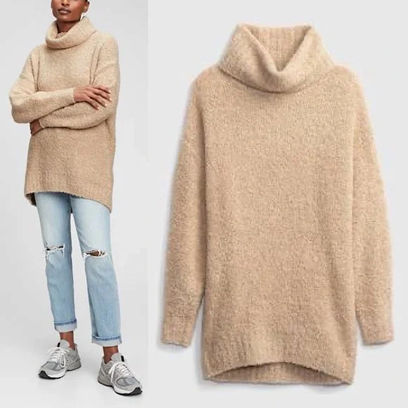 NWT GAP Cozy Boucle Turtleneck Tunic Sweater Wheat Beige L Cowl Neck Warm Knit - Picture 2 of 16